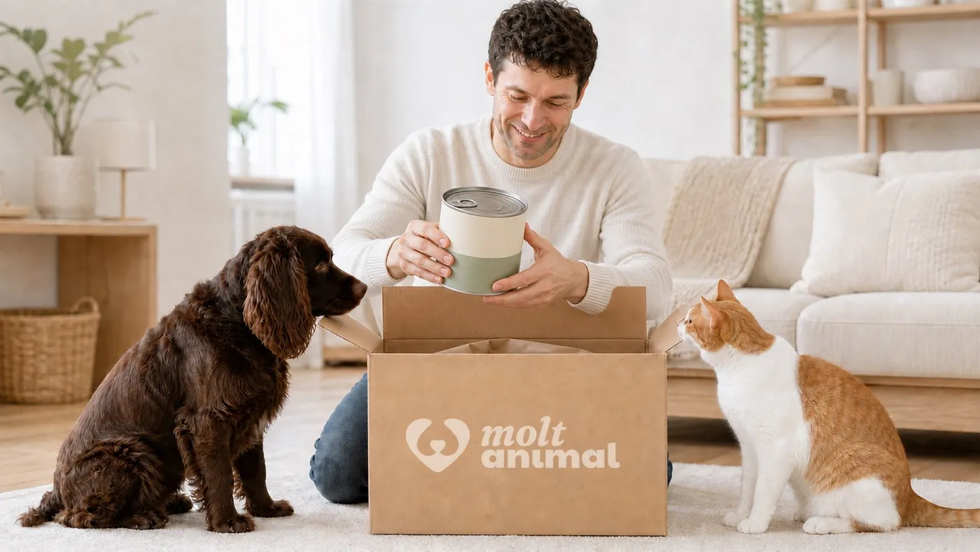 Un client obre a casa la caixa de MoltAnimal amb el gos i el gat